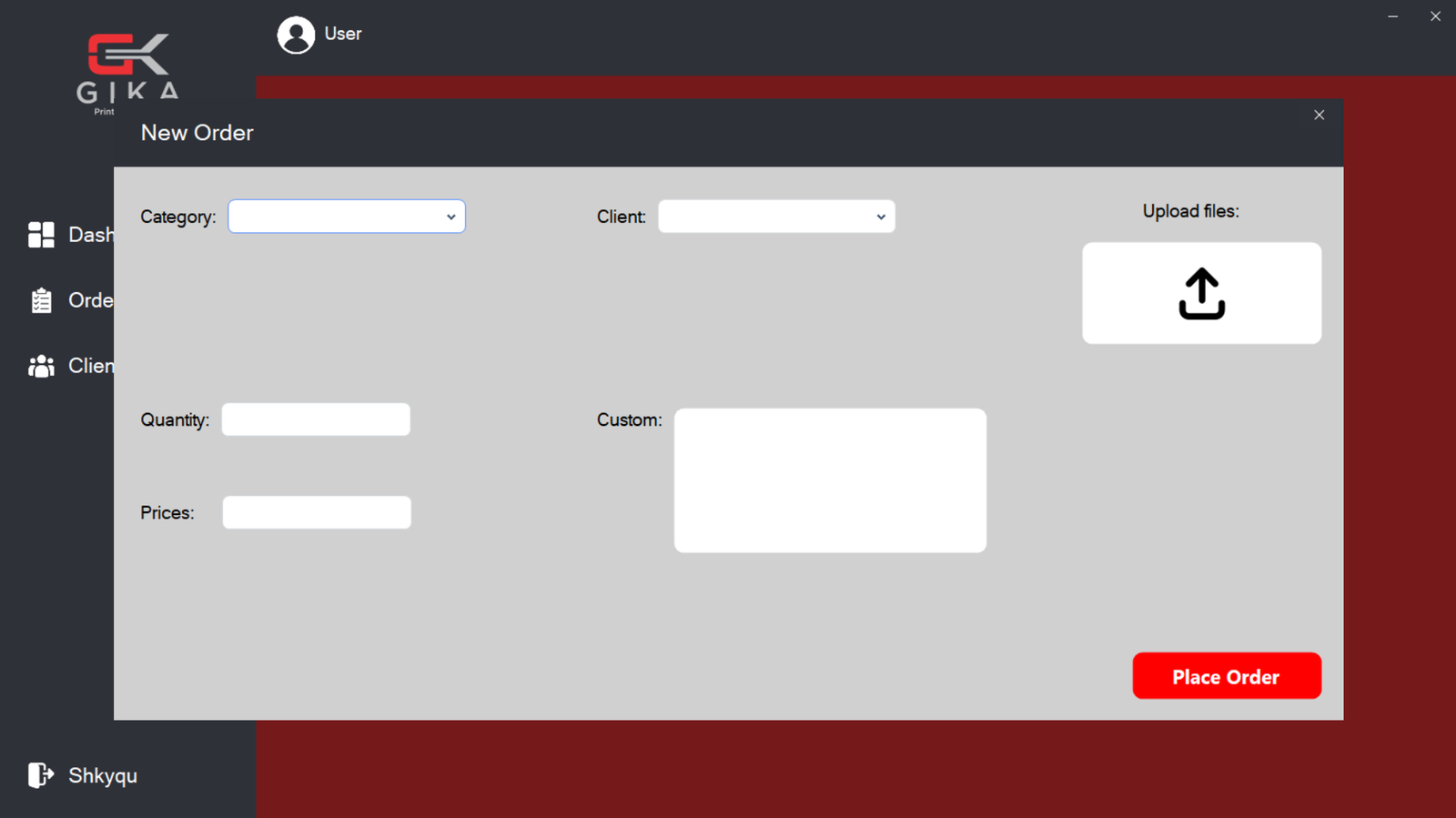 Gika new order page