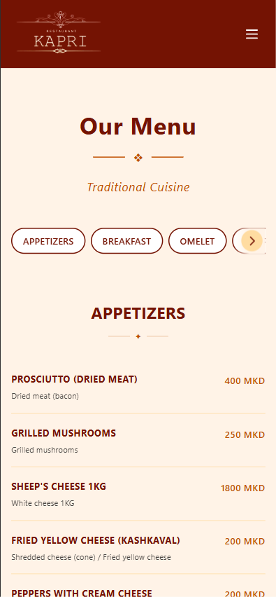 Kapri digital menu on mobile