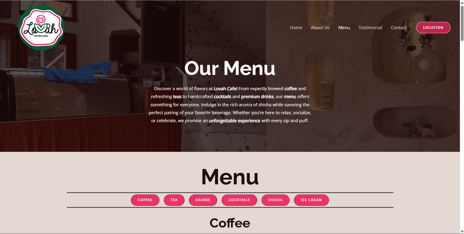 Lovah Café Menu page